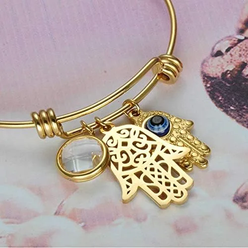 Miniatura 5 de Pulsera de acero inoxidable con dije de mal de ojo, buena suerte, Hamsa, mano de Fátima, regalo para mujer, Acero inoxidable
