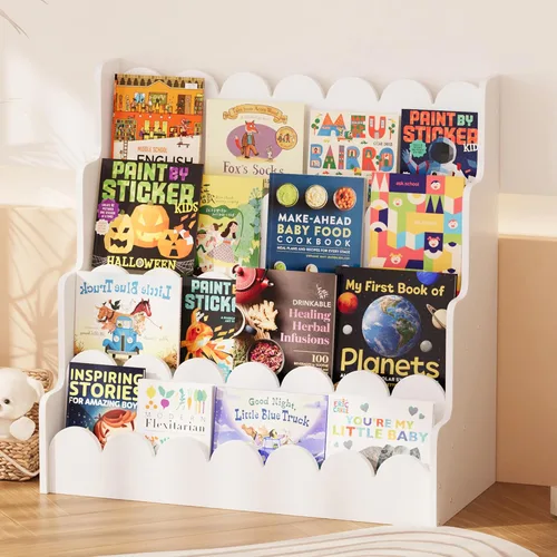 Miniatura 10 de NACHES Estantería Montessori de 4 niveles para niños, estante de madera con diseño festoneado, organizador de juguetes para guardería, dormitorio