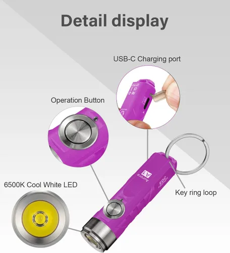Miniatura 2 de RovyVon Aurora A1 G4 - Linternas recargables con llavero USB C, 650 lúmenes, mini linterna EDC brillante, IPx6, múltiples funciones, pequeña Púrpura