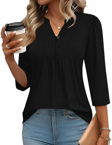 Miniatura 19 de IECCP Blusas de verano de manga 3/4 para mujer, estilo casual, cuello Henley, cuello en V, plisadas, ajuste holgado, blusas de trabajo