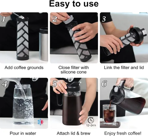 Miniatura 7 de Sivaphe Cafetera grande de hielo frío de 64 onzas, jarra Traitan Safty Traitan, a prueba de fugas, método de cafetera caliente helada, 2 cuartos
