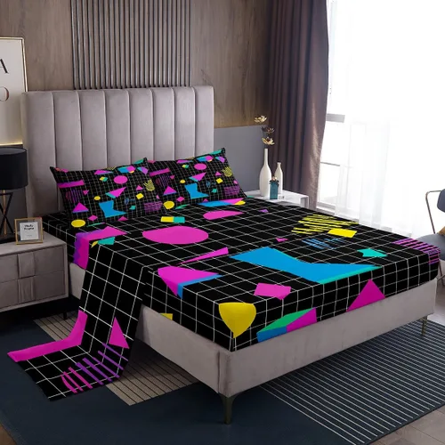 Miniatura 41 de Erosebridal Sábana bajera ajustable de los años 80, juego de sábanas geométricas de los años 80 y 90, decoración de Memphis, 80 estilos para Multi 04