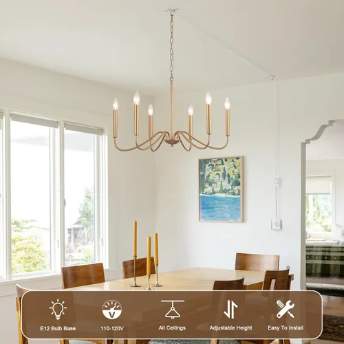 Miniatura 8 de Candelabro de 6 luces enchufables, lámpara colgante con cable de enchufe de 15.1 pies e interruptor, candelabros dorados enchufables para comedor
