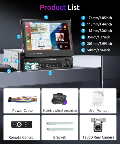 Miniatura 7 de Radio estéreo para automóvil con AppIe Carplay Android Auto Airplay MirrorLink, podofo 7 pulgadas 1080P Flip Out Car Radio Bluetooth FM Radio HD