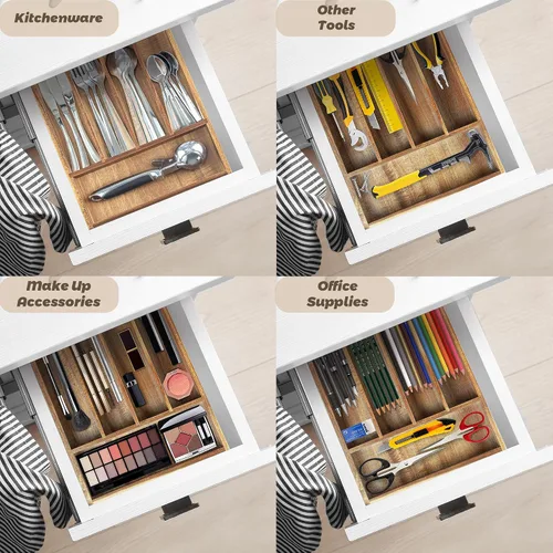 Miniatura 7 de KITEISCAT Organizador de cubiertos de madera de acacia, organizador de cajones de utensilios de cocina para tenedores, cuchillos y cucharas, bandeja