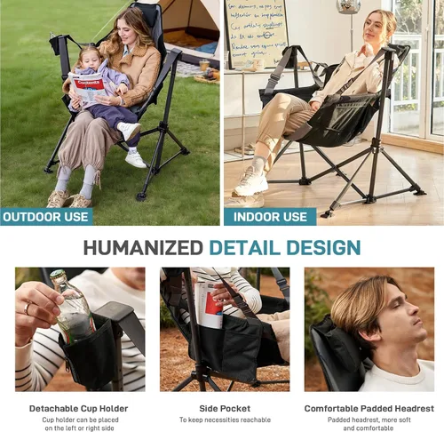 Miniatura 9 de EVER ADVANCED Hamaca acolchada de gran tamaño, silla columpio compacta y resistente con múltiples bolsillos de almacenamiento, silla mecedora