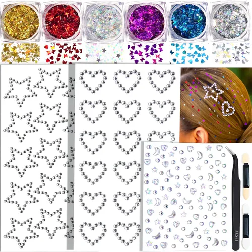 Gel de purpurina corporal con calcomanías de estrella y corazón, 6 colores para el cabello con gemas autoadhesivas para la cara, cabello, cuerpo