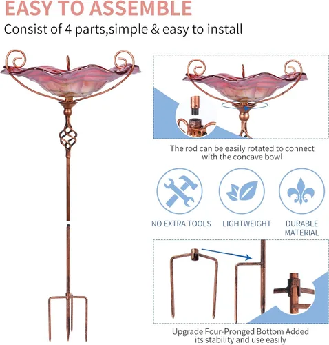Miniatura 6 de VCUTEKA Baño para pájaros, bañeras de cristal para pájaros para exteriores, comedero de pájaros con estaca de metal, decoración de jardín, rojo