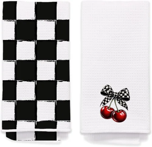 Miniatura 10 de Toallas de mano de cereza para cocina y baño – Toallas de té decorativas retro a cuadros en blanco y negro, accesorios de decoración de cocina