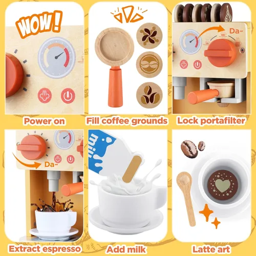 Miniatura 4 de GAGAKU Máquina de café de madera de juguete para niños, juego de máquina de café de simulación con accesorios para cocina de juego, juguetes