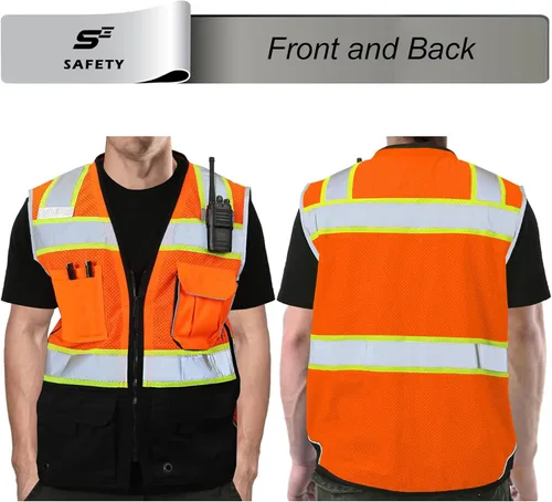 Miniatura 2 de sesafety Chaleco de seguridad con 9 bolsillos, chaleco reflectante de alta visibilidad, chaleco de seguridad, chaleco de trabajo para hombre