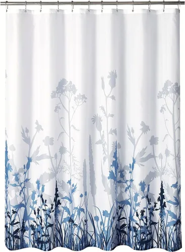 Cortina de ducha de tela de baño floral azul y gris con ganchos, accesorios decorativos de baño, a prueba de agua, ojales de metal reforzados, 72 x