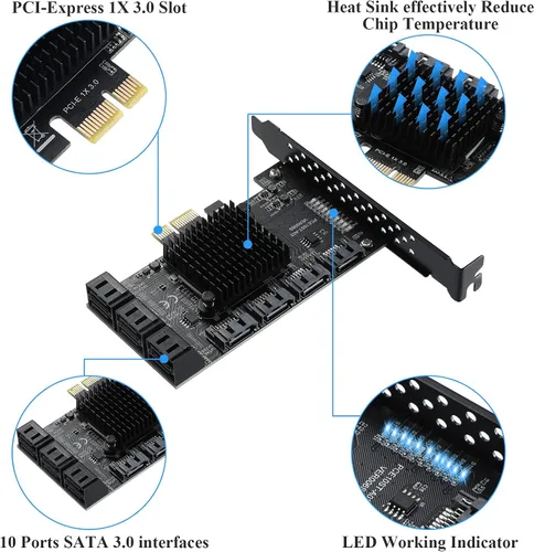 Miniatura 6 de Tarjeta de expansión PCIe 1 x SATA (10 puertos), tarjeta de expansión PCIe con controlador SATA 3.0 de 6 Gbps, no RAID, incluye soporte de perfil