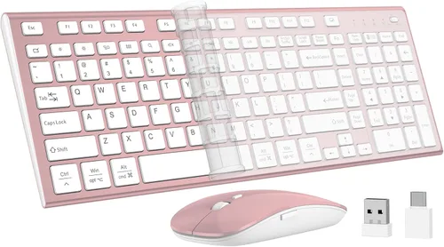 Miniatura 8 de Teclado y mouse inalámbricos, silencioso y silencioso combo de perfil bajo USB C, tamaño completo, compacto con almohadilla numérica plana suave al