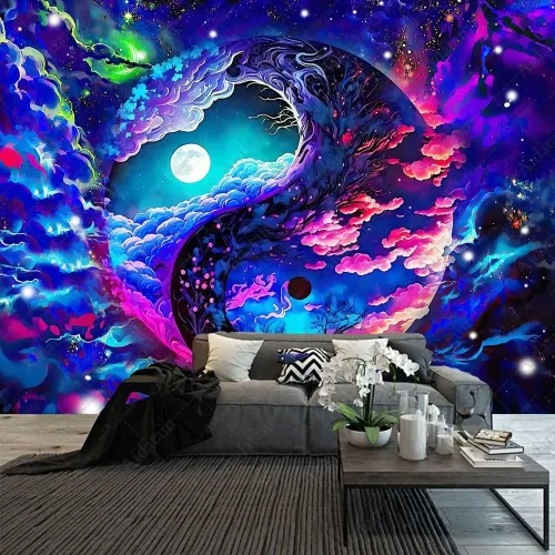 Miniatura 6 de Aidatain Tapiz de cielo colorido de fantasía, luna, nebulosa deslumbrante, Yin y Yang, tapiz de pared, grande de 80 x 60 pulgadas, tela de franela