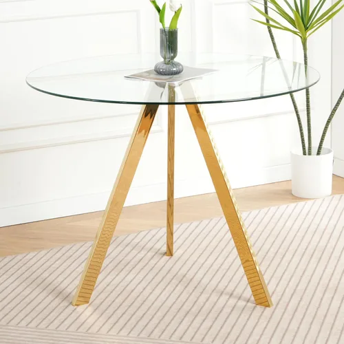 Modern Minimalist 39.2" Round Glass Dining Table with Clear Glass countertops and Gold Plated Metal Legs for Kitchen, Dining and Living Room (Set of