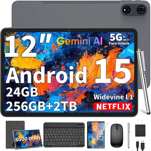 Tablet 2025 de 12 pulgadas, tabletas Android 15 con teclado, 24GB+256GB+2TB Expand, pantalla 2K, Tablet PC con WiFi 5G, Octa-Core, 8000mAh, BT5.0,