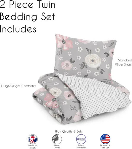Miniatura 5 de Sweet Jojo Designs Juego de edredón individual de 2 piezas (gris acuarela floral) para niñas, adolescentes y niños, ropa de cama en una bolsa