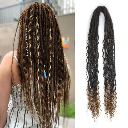 Extensiones de rastas trenzadas bohemias de 24 pulgadas, 10 hebras de rastas sintéticas rizadas color marrón degradado con trenza de caja, rastas