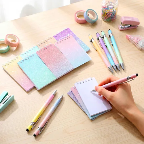 Miniatura 4 de Sherr Juego de 16 bolígrafos y cuadernos con purpurina, mini bloc de notas en espiral, bolígrafos elegantes para niños y niñas, lentejuelas