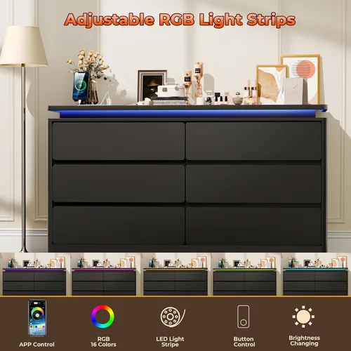 Miniatura 4 de Cómoda Negra Mejorada de 6 Cajones para Dormitorio, Cajonera de 120 cm de Largo con Estación de Carga y Luces LED, Cómoda de Almacenamiento
