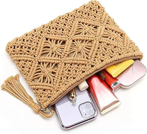 Miniatura 5 de Magibag Bolso de mano con borla de ganchillo, bolsa de mano de algodón, macramé, bolso de mano tejido a mano, bolso de pulsera con cremallera