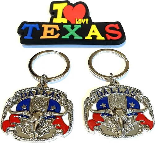 Miniatura 2 de Juego de 2 llaveros de recuerdo de Texas con imán para nevera con texto en inglés "I Love Texas", Diseño de horizonte de Dallas, Mediana