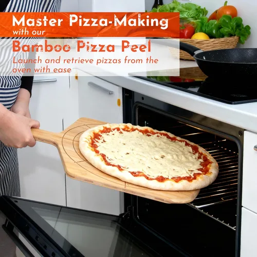 Miniatura 8 de Pizarra de madera de 12 pulgadas con tamaños grabados, tabla de cortar de pizza de bambú multiusos, cáscara de pizza de madera, espátula de pizza