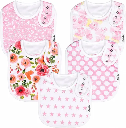 KiddyStar Drool Bibs for Babies – Organic, Unisex, Soft Absorbent Teething Bibs with Adjustable Snaps Paquete de 5 baberos florales para niños