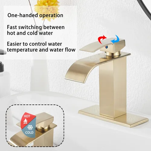 Miniatura 6 de Grifo de baño dorado cepillado GGStudy Waterfall Grifo de fregadero de baño Montaje en cubierta de una sola manija Grifo de tocador de baño