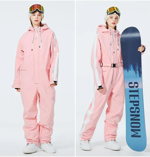 Miniatura 19 de ALSOGO Traje de esquí de una pieza para mujer, overol impermeable con aislamiento para nieve, con cinturón desmontable para deportes de nieve