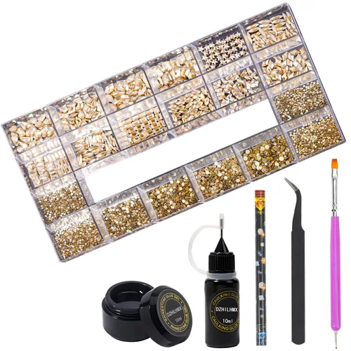 Miniatura 4 de Diamantes de imitación para uñas, 4300 unidades, oro champán, gemas de múltiples formas, diamantes de imitación de parte trasera plana, con kit