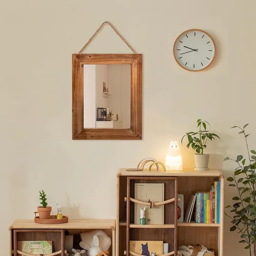 Miniatura 7 de OKSQW Espejo de pared de granja, espejo rectangular de madera rústica marrón, marco de madera decorativa de 16 x 12 pulgadas, con espejo y cuerda