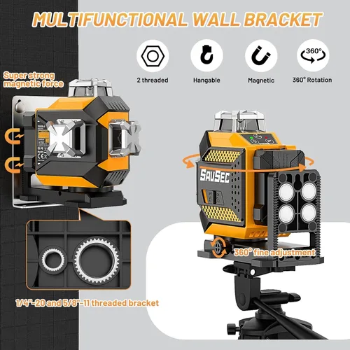 Miniatura 7 de Nivel láser 360 autonivelante, 3 x 360° de brillo ajustable, herramienta niveladora láser, recargable en 3D, láser de línea cruzada verde