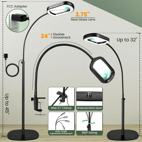 Miniatura 6 de Lupa 12X con luz y soporte, lente rectangular de cristal real, 5 modos de color, regulable continuo, cuello de cisne flexible de 24 pulgadas