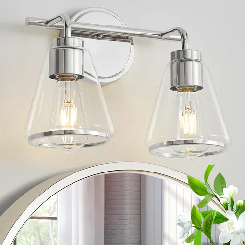 Miniatura 19 de Accesorios de iluminación de baño sobre espejo Luces de tocador doradas de 2 luces con pantalla de vidrio transparente de 14 pulgadas Luces