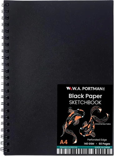 WA Portman - Cuaderno de bocetos de papel negro A4 (8.3" x 11.7"), papel negro para marcadores de 140 GSM sin ácidos, 60 páginas (30 hojas), diario