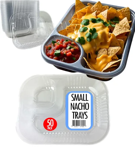 Bandejas para nachos con 2 compartimentos, paquete de 50 unidades de plástico desechable, bandejas de nachos transparentes de 12 onzas para
