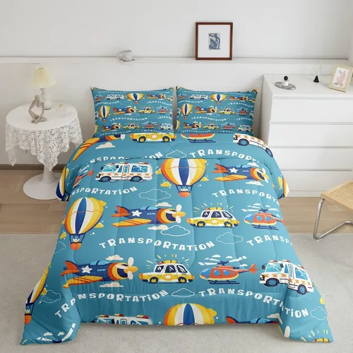 Miniatura 4 de Erosebridal Juego de edredón de coches tamaño individual para niños y niños, juegos de edredón de helicóptero de avión, ropa de cama de globo