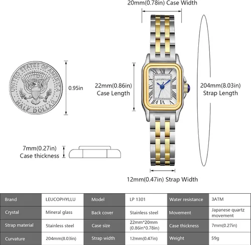 Miniatura 5 de Relojes pequeños de oro para mujer con funda rectangular vintage, esfera romana clásica, banda de acero inoxidable resistente al agua con cadena