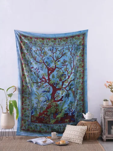 Popular Handicrafts Tree Of Life - Tapiz psicodélico hippie de tamaño individual para colgar en la pared, diseño de maditación india, gitano, Azul