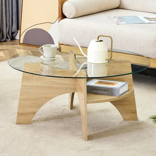 Miniatura 15 de LKTART Mesa auxiliar de vidrio, mesas auxiliares redondas de 23.5 pulgadas con superficie de vidrio templado cruzado y base de madera maciza, mesita