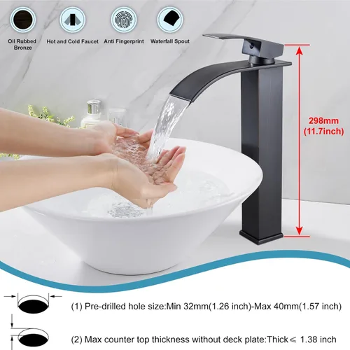 Miniatura 2 de Midanya Grifos altos para lavabo, cascada, lavabo, lavabo, con una sola manija, 1 agujero, moderno, con mangueras de drenaje emergentes y Bronce