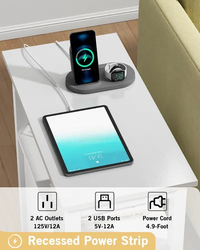 Miniatura 5 de Mesa auxiliar con estación de carga, mesa auxiliar con 2 cajones, puertos USB y tomas de corriente, mesita de noche para espacios pequeños, mesitas