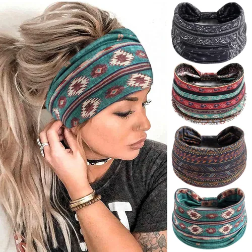 Miniatura 24 de FULZTEY Diademas bohemias para mujer, elegantes diademas con estampado floral, turbante de nudo ancho, elástico, para yoga, correr, entrenamiento