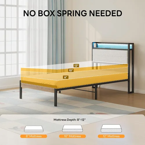 Miniatura 7 de LIKIMIO Base de cama individual con cabecera de almacenamiento y luces LED, plataforma de metal con estación de carga, sin ruido, no necesita