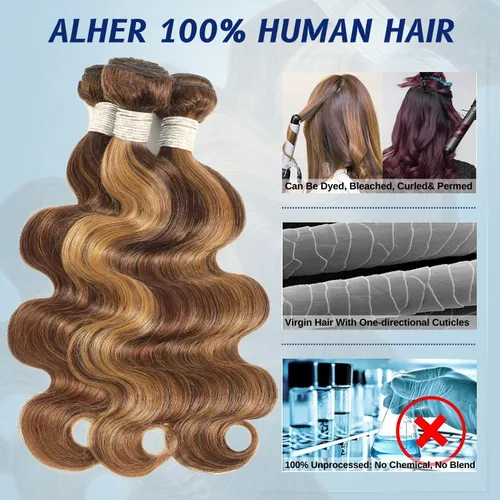Miniatura 3 de Paquete individual de cabello humano ondulado rubio miel, 100% cabello humano virgen brasileño Remy, con reflejos marrones, 12 pulgadas