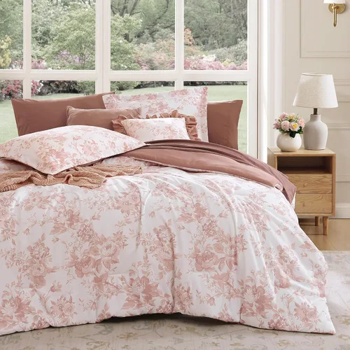 Miniatura 9 de BLOOMHAVEN Juego de edredón tamaño individual XL, juego de ropa de cama de 5 piezas con rosas florales para todas las estaciones, cama en una bolsa