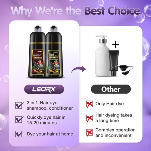 Miniatura 7 de Leorx Champú 3 en 1 para teñir el cabello marrón, color para refrescar el cabello, coloración herbaria instantánea para mujeres y hombres, 16.9