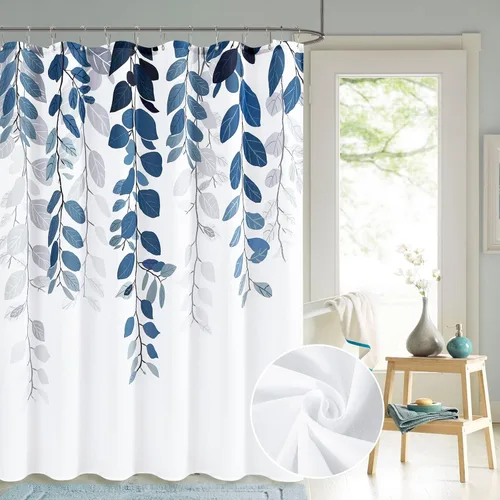 Miniatura 5 de BOODII Cortinas de ducha azul de eucalipto para baño, diseño floral, hojas de acuarela en la parte superior, cortina botánica de naturaleza, tela